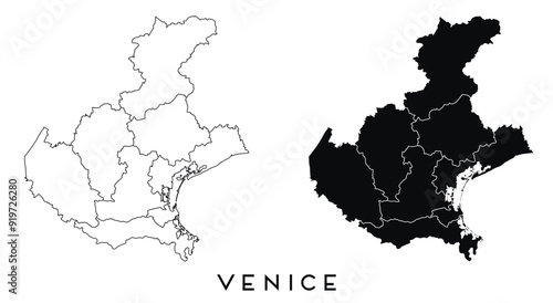 Venice map of regions districts vector black on white and outline