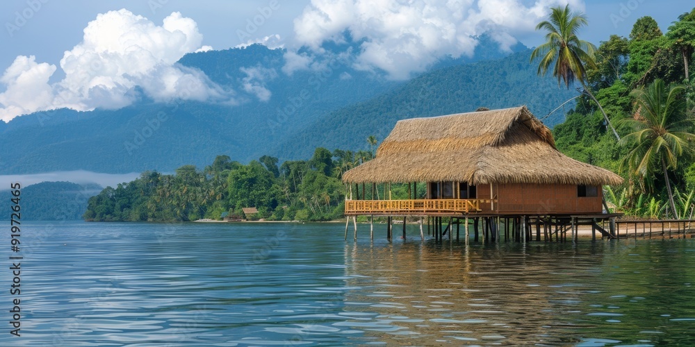 traditional stilt house with thatched roof over calm lake, surrounded by lush green mountains and tropical vegetation, with serene and isolated atmosphere, eco-tourism or nature retreats traditional stilt house with thatched roof over calm lake, surrounded by lush green mountains and tropical vegetation, with serene and isolated atmosphere, eco-tourism or nature retreats