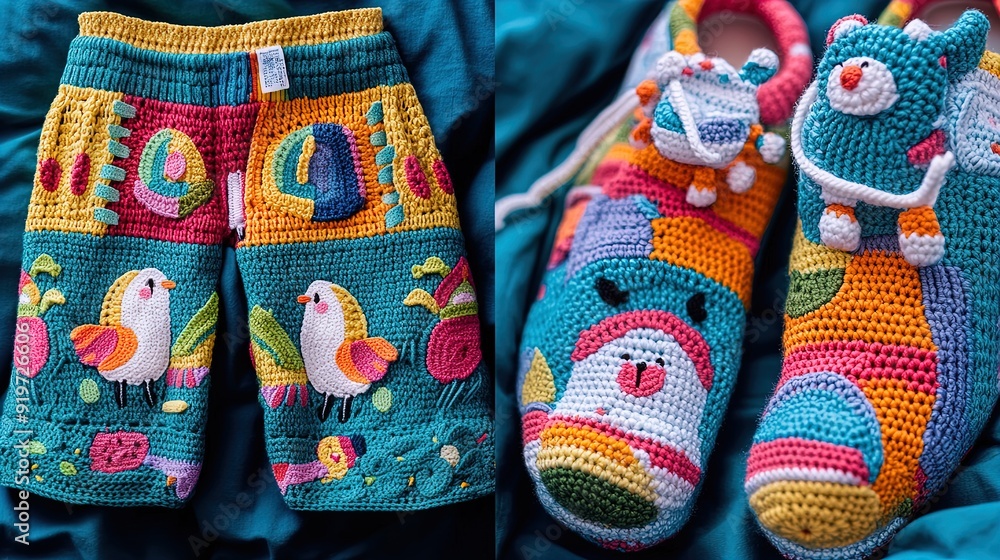 Vibrant Crocheted Shorts Featuring Animated Characters and Whimsical Footwear: Perfect for Sports Interior Posters and Fun Summer Fashion Vibrant Crocheted Shorts Featuring Animated Characters and Whimsical Footwear: Perfect for Sports Interior Posters and Fun Summer Fashion