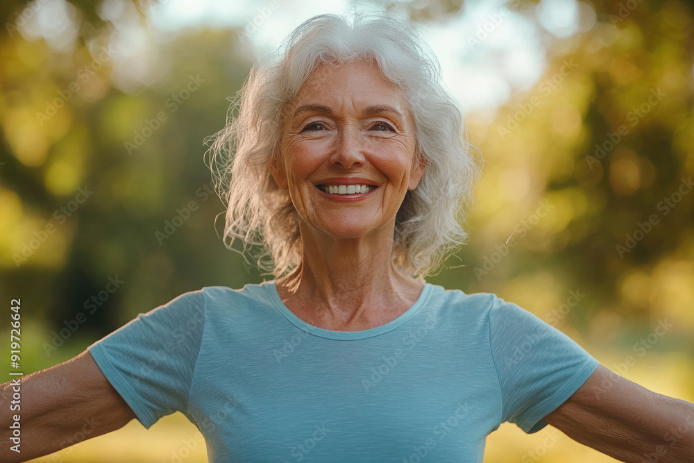 Portrait of a senior woman with white hair smiling and stretching her arms outdoors in a park. Senior activity, sport and exercise outdoors. Portrait of a senior woman with white hair smiling and stretching her arms outdoors in a park. Senior activity, sport and exercise outdoors.