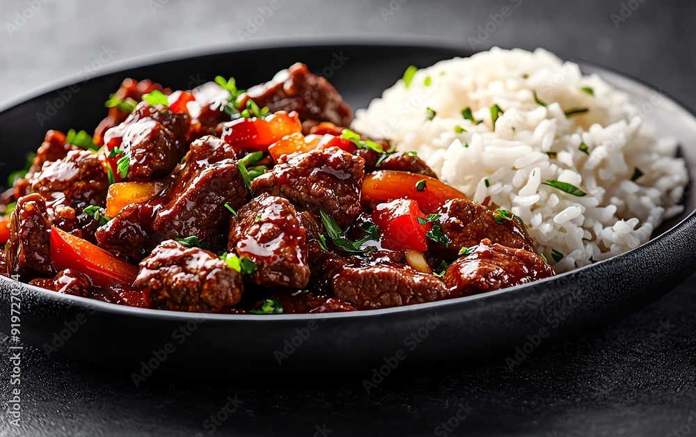 A beautifully arranged stirfry of beef, bell peppers, and onions in a tangy soy sauce, served with a side of jasmine rice on a dark plate A beautifully arranged stirfry of beef, bell peppers, and onions in a tangy soy sauce, served with a side of jasmine rice on a dark plate