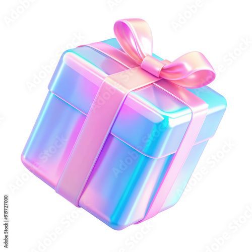 3D gift box wrapped with a ribbon, featuring a glossy and holographic surface that shines with iridescent colors. Isolated on transparent background, png.