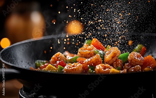 A closeup of a vibrant stirfry with shrimp, bell peppers, and baby corn, tossed in a sweet and sour sauce, captured midtoss in a cast iron wok photo