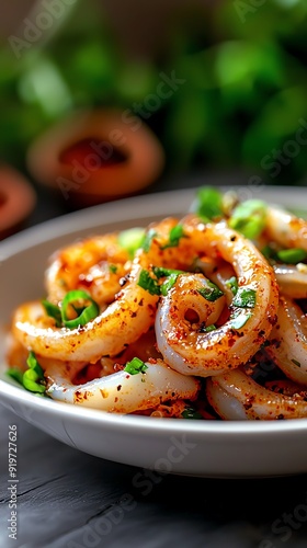 A closeup shot of stirfried squid with salted egg yolk sauce, served on a white ceramic plate with a garnish of fresh green onions and a backdrop of colorful Thai spices and herbs