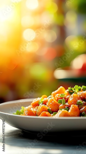 A closeup shot of stirfried squid with salted egg yolk sauce, served on a white ceramic plate with a garnish of fresh green onions and a backdrop of colorful Thai spices and herbs