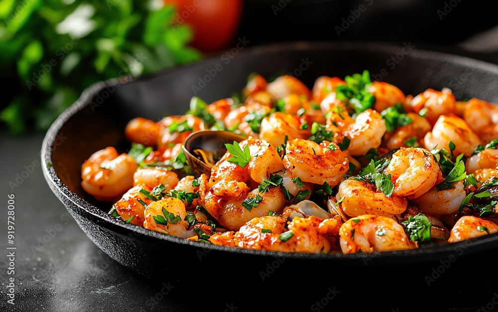 A dynamic overhead shot of a seafood stirfry featuring calamari A dynamic overhead shot of a seafood stirfry featuring calamari