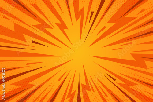 Comic yellow cartoon background. Orange pop art sunburst vector pattern. Vintage halftone effect wallpaper. Manga book textured explosion on shiny radial gradient with flash and lightnings.