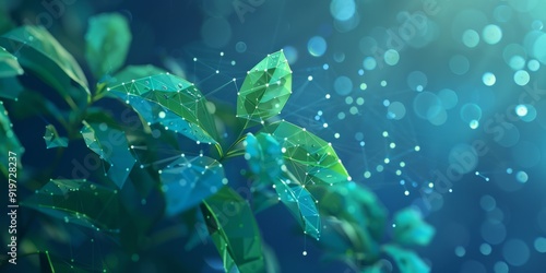 abstract blue drops falling from a green plant leaf. A low poly design with blue geometric background. A wireframe light connection structure