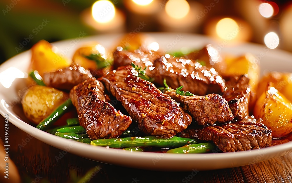 A hearty stirfry of beef strips with red wine reduction, garlic, and shallots, served with roasted potatoes and green beans, set in a warm, candlelit Spanish dining room A hearty stirfry of beef strips with red wine reduction, garlic, and shallots, served with roasted potatoes and green beans, set in a warm, candlelit Spanish dining room