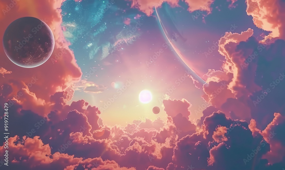 Naklejka premium Dreamy sky with bizarre celestial bodies, blending imagination with cosmic elements