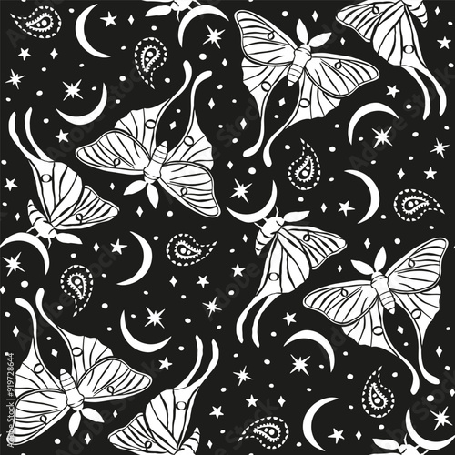 Monochrome seamless pattern with celestial luna moth and paisley motif. Stars and moons boho wallpaper. Nocturnal butterfly background.