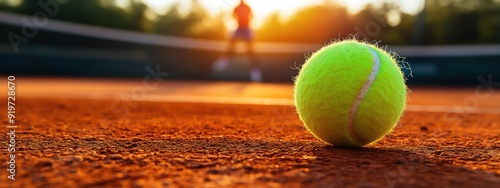 Un court de tennis en terre battue avec un gros plan d'une balle de couleur jaune, joueur et soleil brillant en arrière-plan, image avec espace pour texte. photo