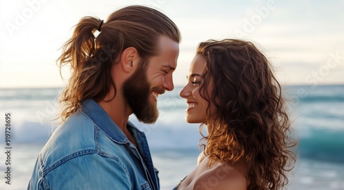Un couple amoureux, âgé de 25 ans, souriant, se faisant face, sur une plage, l'homme avec barbe et cheveux longs, la femme avec des cheveux bruns et bouclés.