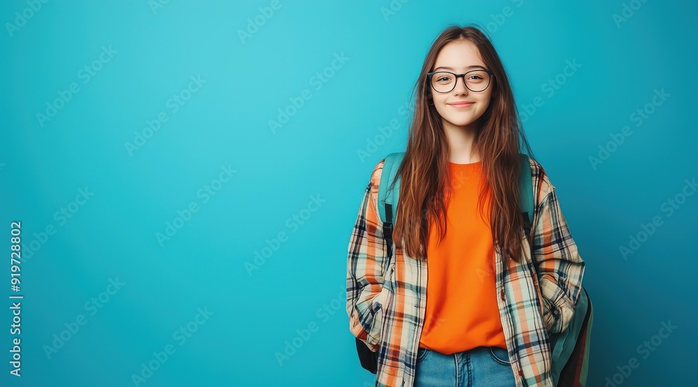 Une jeune étudiante, de face, âgée de 15 ans, souriante, avec des lunettes et un sac à dos se tenant sur un fond bleu avec un t-shirt orange et une veste à carreaux. Une jeune étudiante, de face, âgée de 15 ans, souriante, avec des lunettes et un sac à dos se tenant sur un fond bleu avec un t-shirt orange et une veste à carreaux.