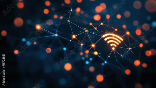 Fototapeta Symbole de réseau Wi-Fi sans fil entouré de connexions lumineuses, représentant la nature interconnectée de la technologie et de la communication.