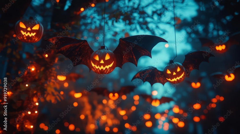 Fototapeta premium A horrorthemed Halloween night featuring bat decorations with a terrifying twist, such as creepy bat cutouts, haunted bat props, and ominous lighting