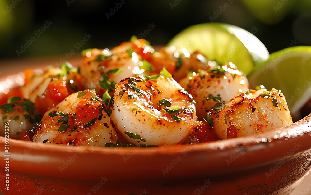 A seafood stirfry with shrimp, scallops, and octopus, cooked with tomatoes, onions, and peppers, served in a traditional clay pot with a side of lime wedges