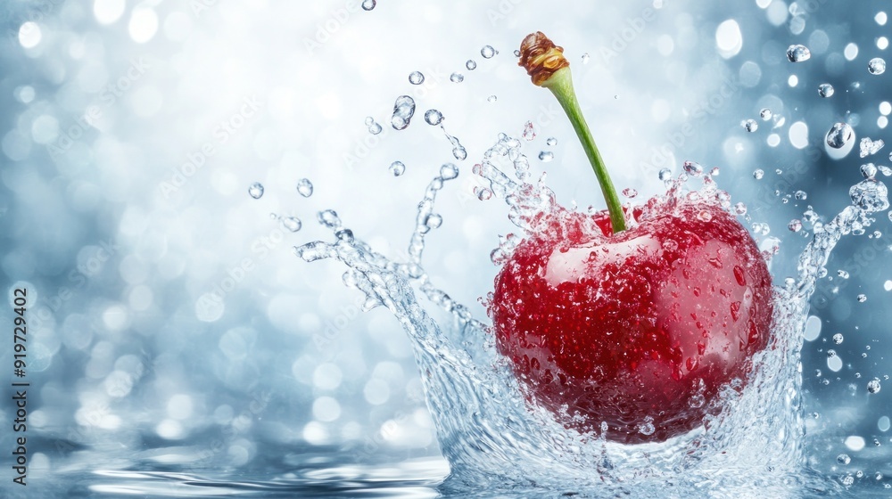 Single red cherry splashing into water with a blue bokeh background.