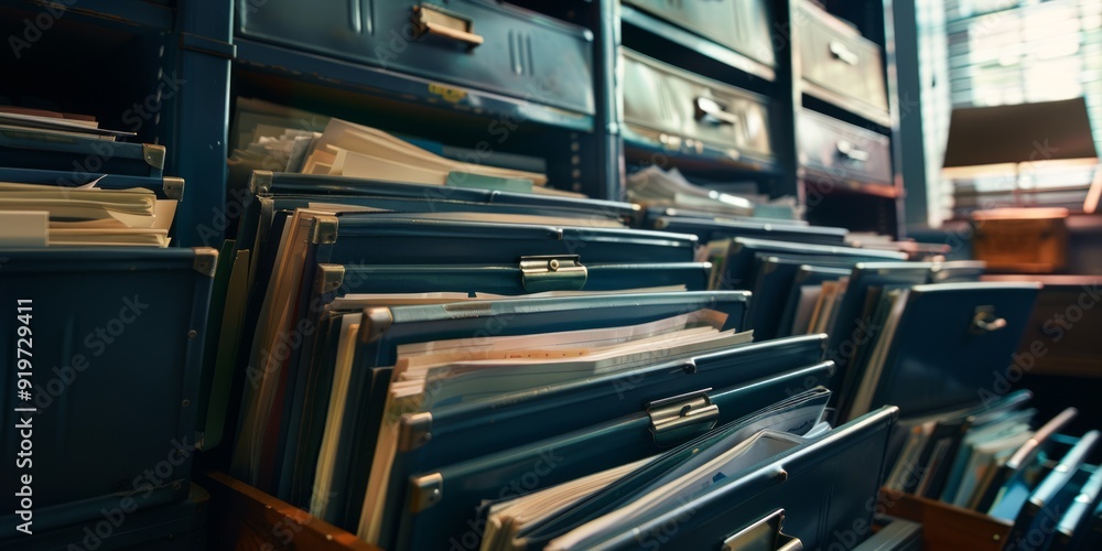 Closeup of a file cabinet filled with binders and documents Closeup of a file cabinet filled with binders and documents