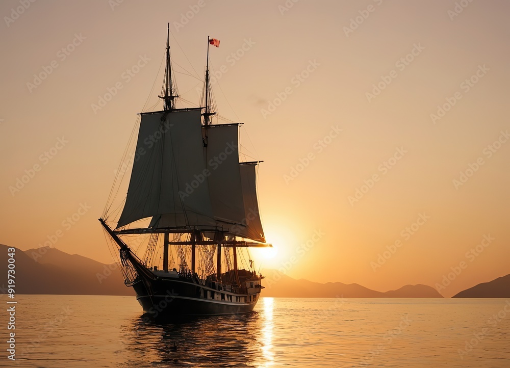 Obraz premium A Majestic Sailing Ship Gliding Gracefully at Sunset Over Tranquil, Reflective Waters