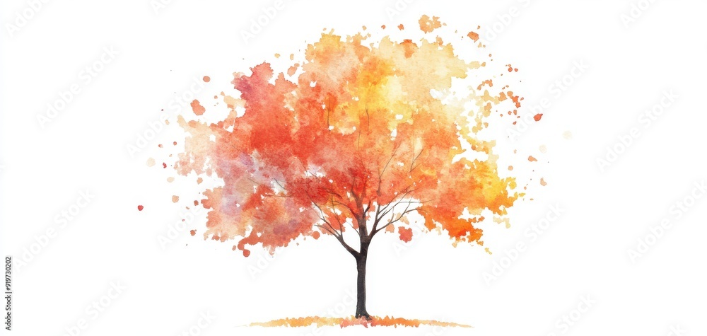 Fototapeta premium A vibrant watercolor painting of an autumn tree displaying warm orange and yellow hues, symbolizing the beauty of fall.