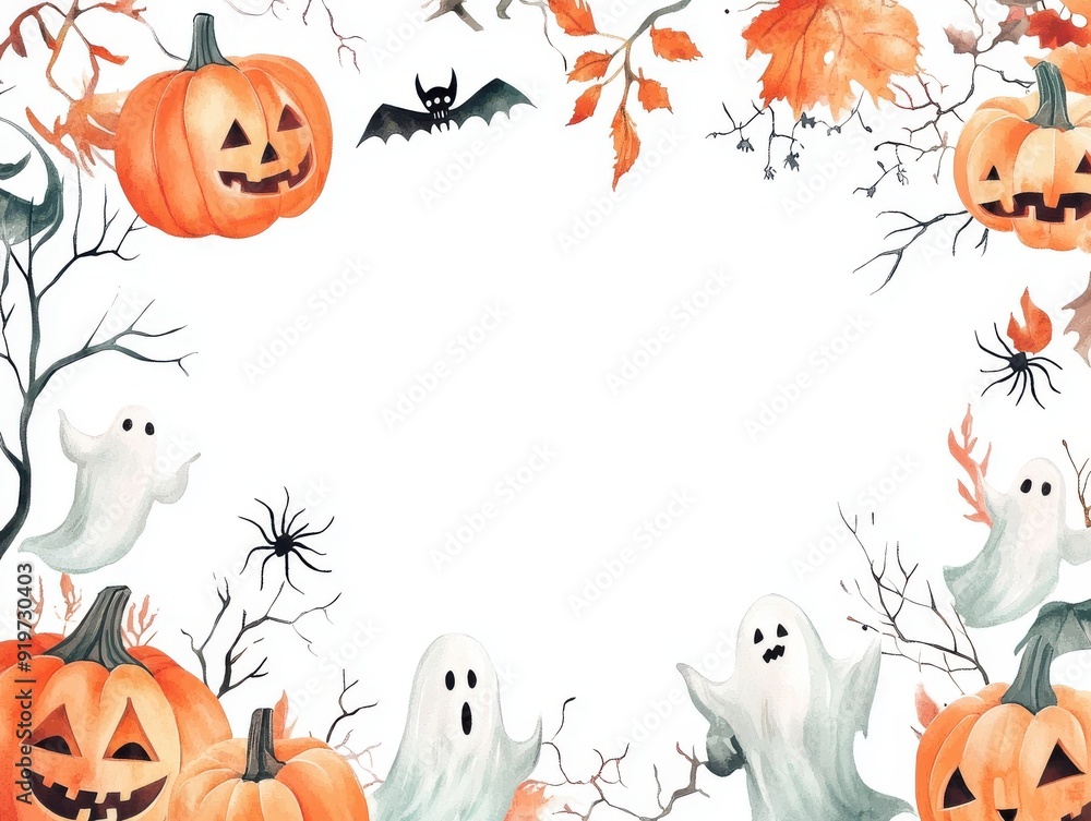 A whimsical Halloween-themed border featuring ghosts, pumpkins, bats, and autumn leaves for festive decoration. A whimsical Halloween-themed border featuring ghosts, pumpkins, bats, and autumn leaves for festive decoration.
