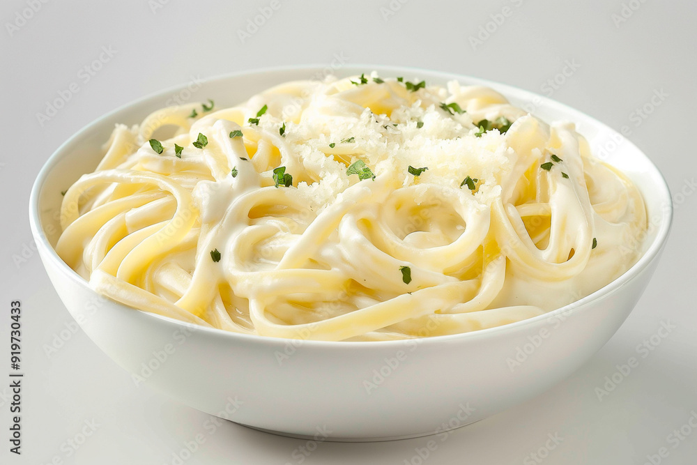white bowl of fettuccine alfredo on white background white bowl of fettuccine alfredo on white background
