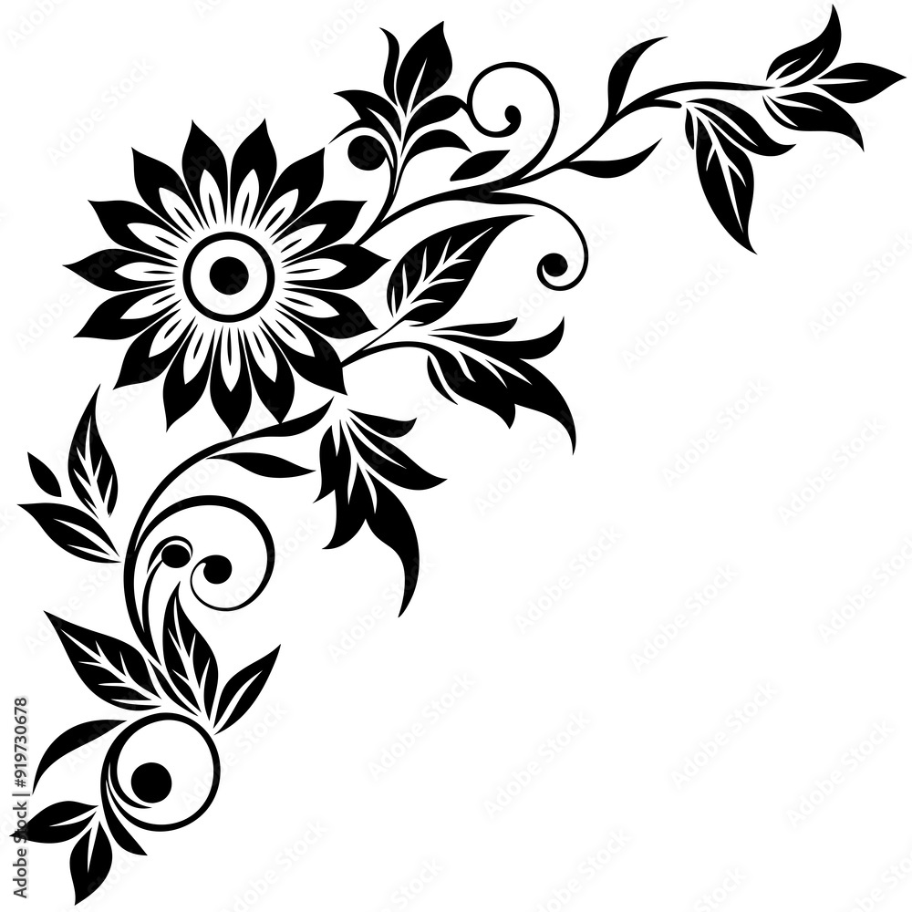 A black elegant floral design with intricate details decorates the corners A black elegant floral design with intricate details decorates the corners