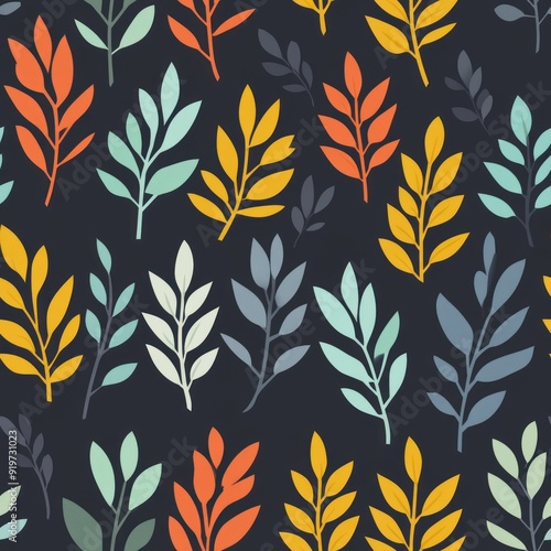 Seamless pattern of colorful leaves on black background.