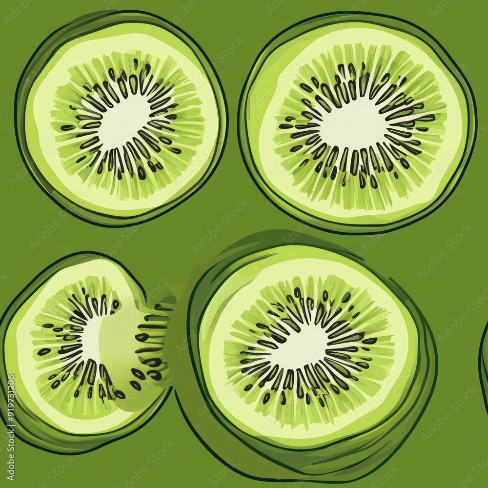 Fototapeta premium Four slices of kiwi fruit on a green background.