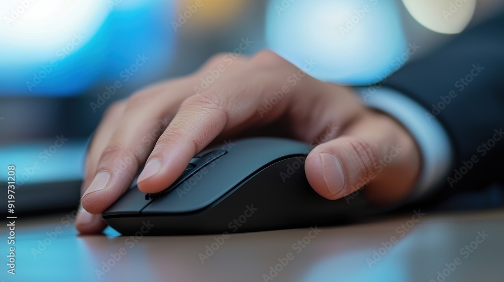 Close-up of a hand resting on a computer mouse, set against a blurred background of technology and digital workspace. Close-up of a hand resting on a computer mouse, set against a blurred background of technology and digital workspace.