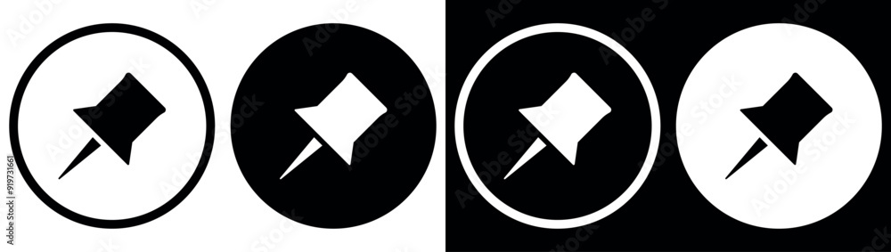 Push pin icon set. Linear and silhouette style. Vector illustration isolated on white and black background. Push pin icon set. Linear and silhouette style. Vector illustration isolated on white and black background.