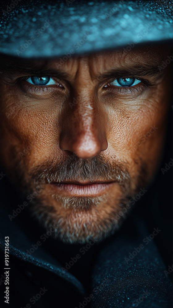 Portrait of a handsome detective man with beard and blue eyes in a dark hat, dramatic, cinematic close-up capturing his confident, strong, focused face Portrait of a handsome detective man with beard and blue eyes in a dark hat, dramatic, cinematic close-up capturing his confident, strong, focused face