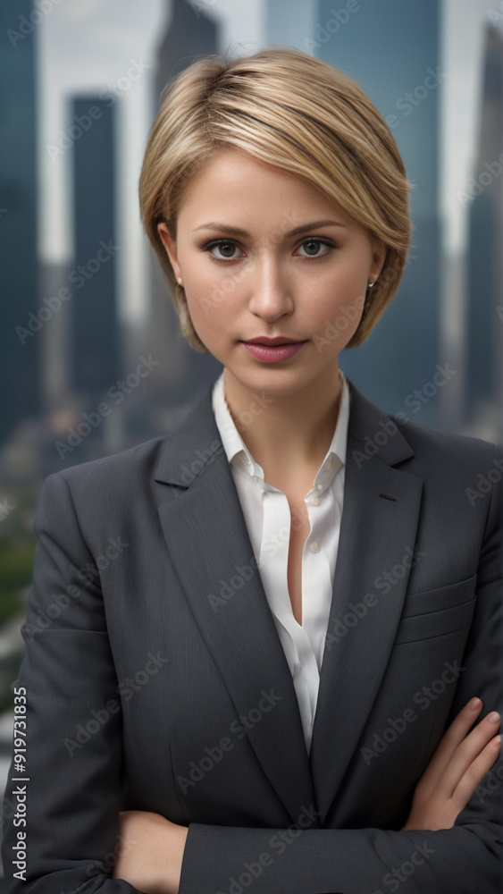 Portrait of a young woman with a short haircut in a business suit against the backdrop of a modern city. Portrait of a young woman with a short haircut in a business suit against the backdrop of a modern city.