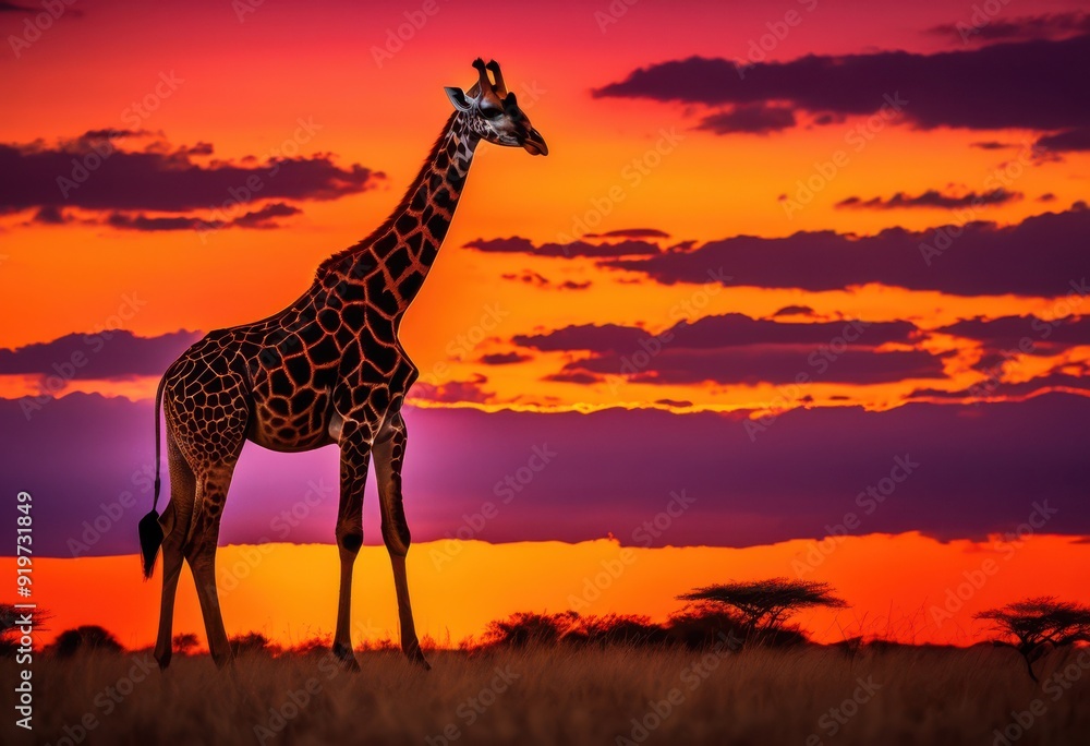Obraz premium breathtaking giraffe silhouette vibrant sunset hues striking purple skies, orange, pink, sky, animal, nature, wildlife, landscape, dramatic, beauty