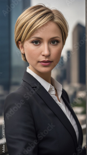 Portrait of a young woman with a short haircut in a business suit against the backdrop of a modern city.