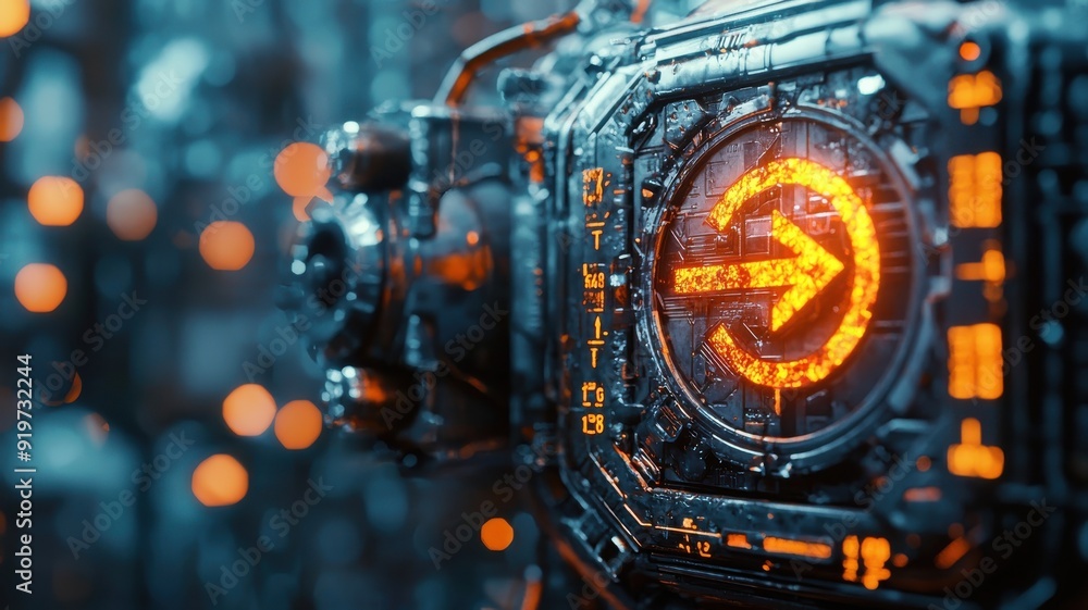 Futuristic technology close-up with glowing interface and intricate patterns, perfect for sci-fi and digital project themes. Futuristic technology close-up with glowing interface and intricate patterns, perfect for sci-fi and digital project themes.