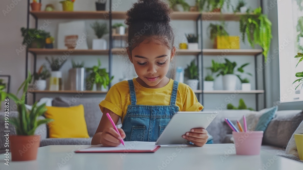 The girl studying with tablet