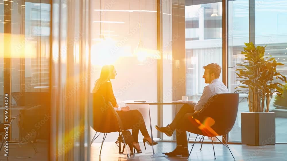 Two people are sitting at a table in a office room with a window Two people are sitting at a table in a office room with a window