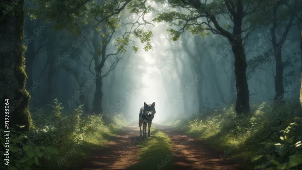 A wolf in the forest, a gloomy forest path. A wolf in the forest, a gloomy forest path.
