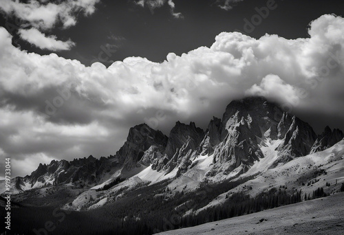A camera shot from below the Sawtooth Mountains with large billowy clouds in the sky behind the mountain range. Monochrome