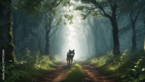 A wolf in the forest, a gloomy forest path.