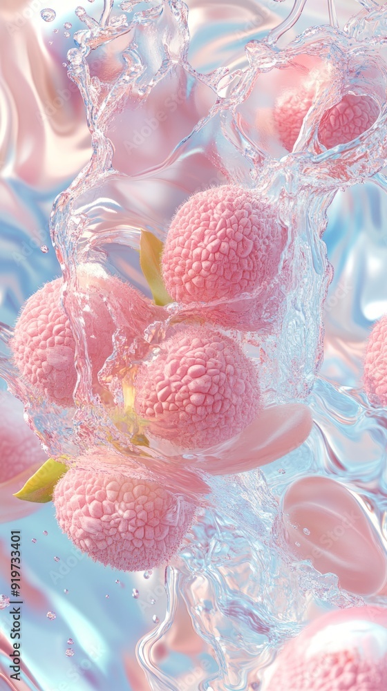 Pink lychees in a water splash with iridescent background. Pink lychees in a water splash with iridescent background.