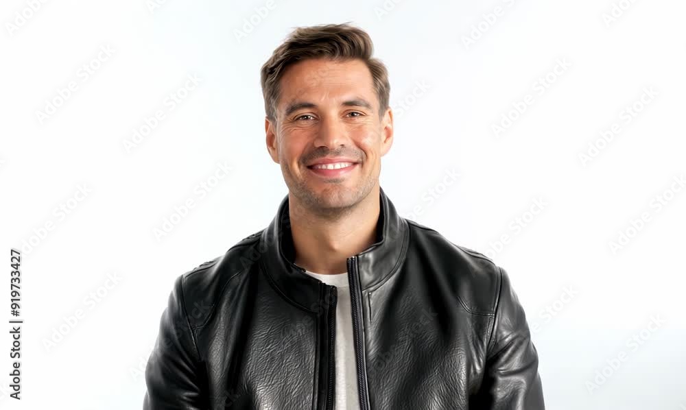Portrait of a smiling man in leather jacket on white background. Portrait of a smiling man in leather jacket on white background.