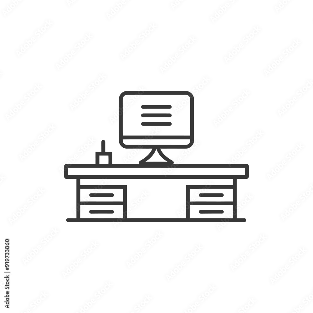 Line Art Illustration of a Desk with a Computer and Drawers Line Art Illustration of a Desk with a Computer and Drawers