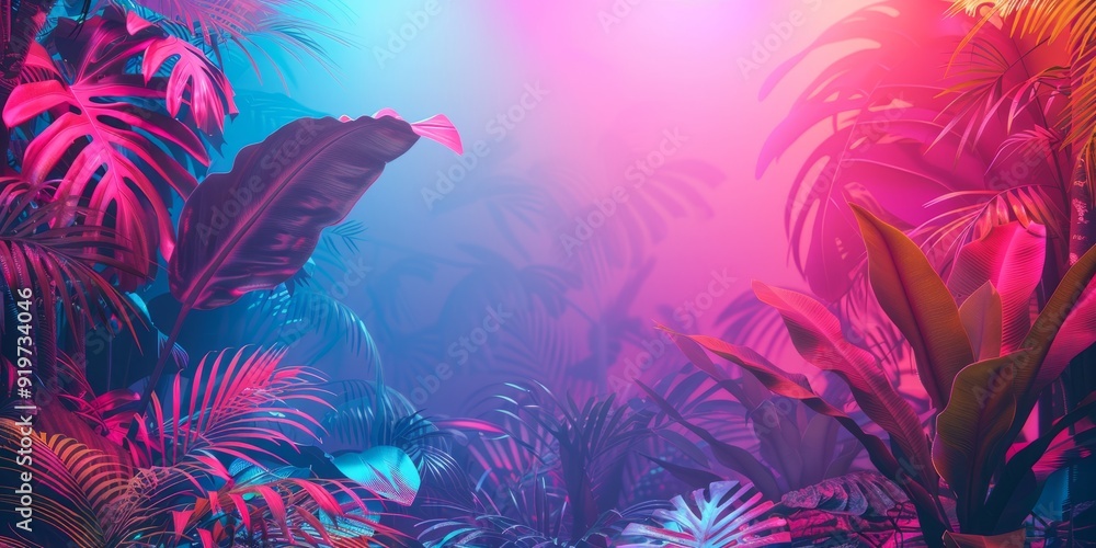 picture with colorful neon lights and tropical plants picture with colorful neon lights and tropical plants
