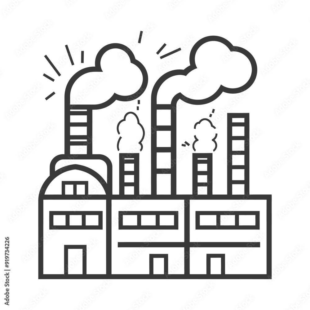 Fototapeta premium Line art illustration of a factory with smoke stacks emitting smoke