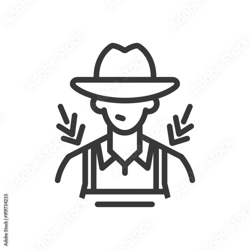 Line Art Illustration of a Farmer Wearing a Hat
