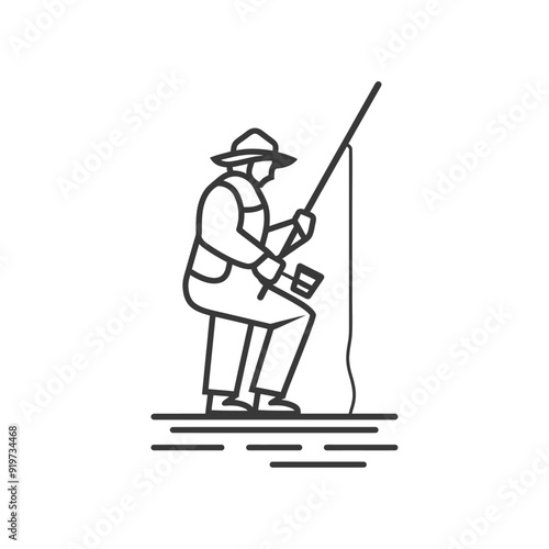 Line Art Illustration of a Fisherman Casting a Line