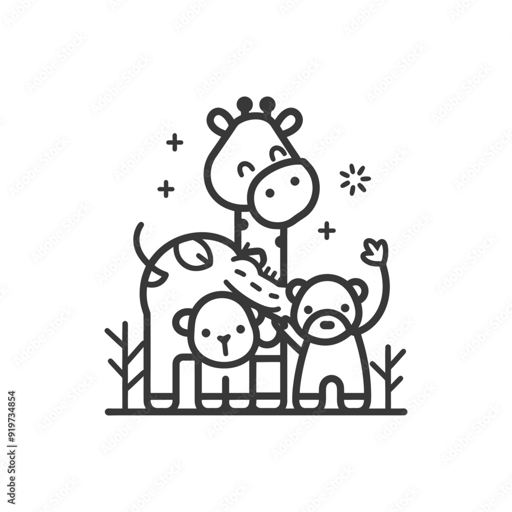 Line Art Illustration of a Giraffe, Elephant, and Monkey Line Art Illustration of a Giraffe, Elephant, and Monkey